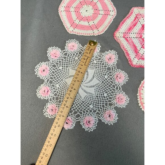 Handmade Crochet Doilies Set Of 4 Pink & White Vintage Style Decorative - Picture 2 of 7